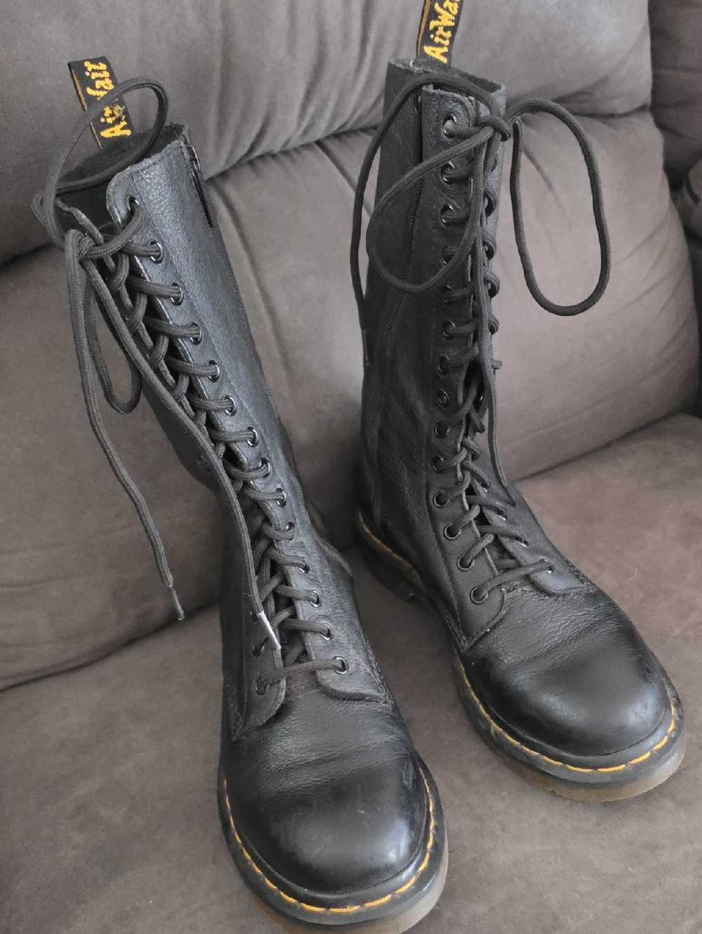 Dr. Martens Black Leather Lace-Up Combat Boots with Yellow Stitching
